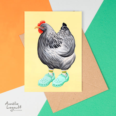 Poule, souliers Crocs, carte de souhaits, amelie legault, carte de fête