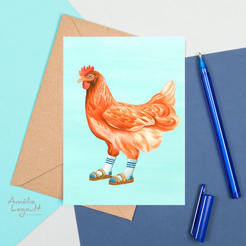 Hen, sandals with socks, card, birthday card, amelie legault 