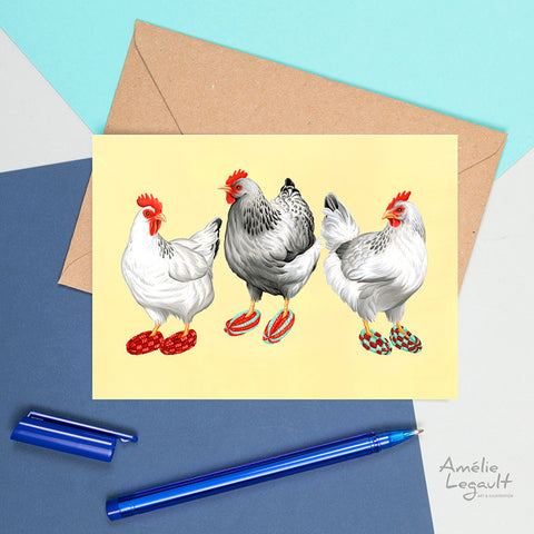 Carte, Poules, pantoufles, phentex, amelie legault, carte de voeux, carte d'anniversaire