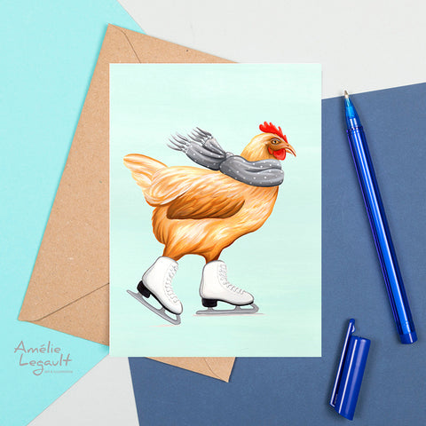 patins à glace, poule, carte de souhaits, amelie legault, carte de noël, carte d'anniversaire