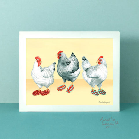 Hens illustration, Chickens wearing slippers, art Print, gouache Painting, Home Decor, kitchen decor, chicken illustration, artwork, amelie legault, canadian artist, canadian art