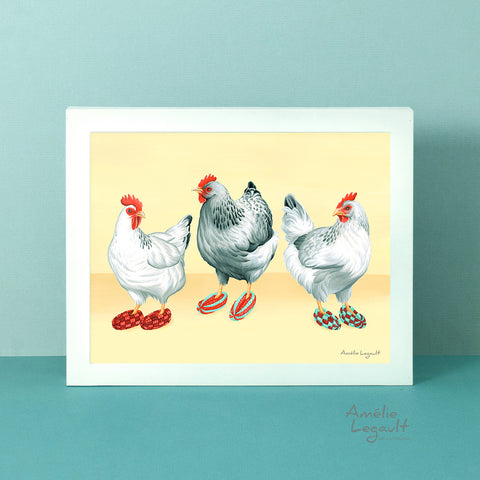 Hen illustration, hen decoration, chicken artwork, chicken art print, amelie legault, illustration de poule, décoration de poule, affiche de poules, poules en pantoufles, slippers