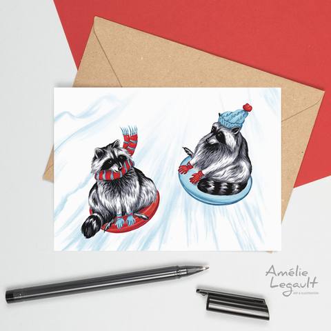 holiday card, christmas card, raccoon, slide, sliding, winter joy, amelie legault, canadian animal, canadian artist