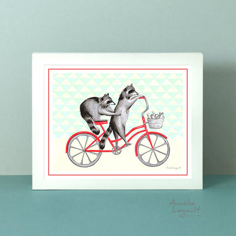 Raccoons on a bike, raccoon illustration, raccoon drawing, amelie legault, raccoon print, bicycle art print, bicycle drawing, montreal, canadian animals