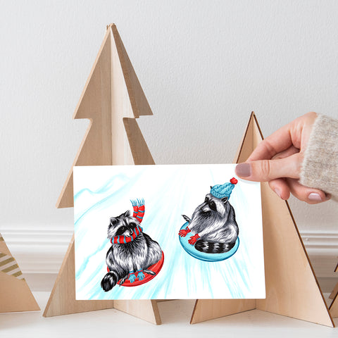 Holiday card, christmas card, raccoon card, funny card, raccoon tubing, slide, sliding, winter sport, amelie legault