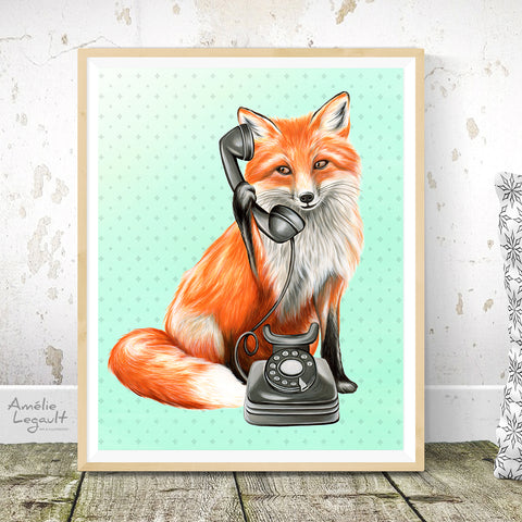 Fox on the phone, art print, amélie legault, fox illustration, fox art, fox painting, gouache painting, phone painting, phone art, retro phone, rotary phone