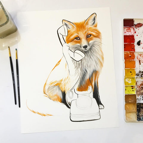 peinture de renard, artiste québécoise, gouache, amelie legault, renard au téléphone, fait au québec