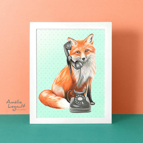 Fox on the phone, art print, amélie legault, fox illustration, fox art, fox painting, gouache painting, phone painting, phone art, retro phone, rotary phone, wall art