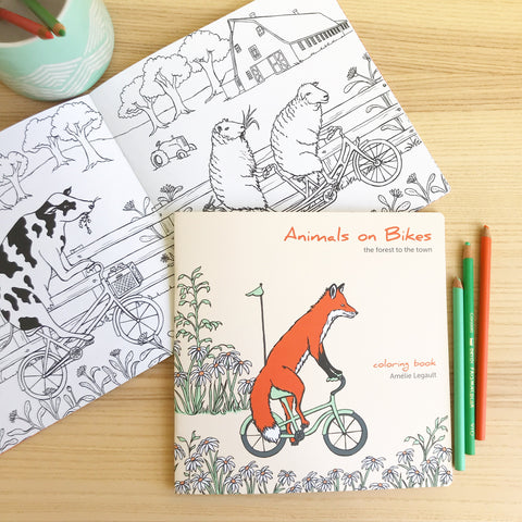 Cahier à colorier, Animaux à vélo, de la forêt à la ville, animaux canadiens, amélie legault, renard, illustration de renard, illustration de vélo, bicyclette, coloriage pour enfants