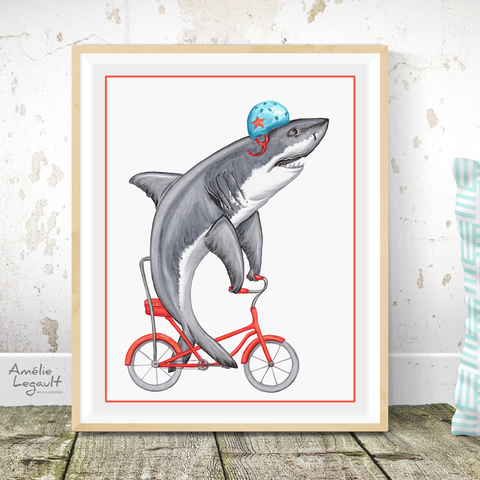 Shark on a bike, art Print, shark Drawing, Home decor, wahsroom decor, amélie legault, shark illustration, shark week, bicycle illustration, bicycle artwork, kid's room decor