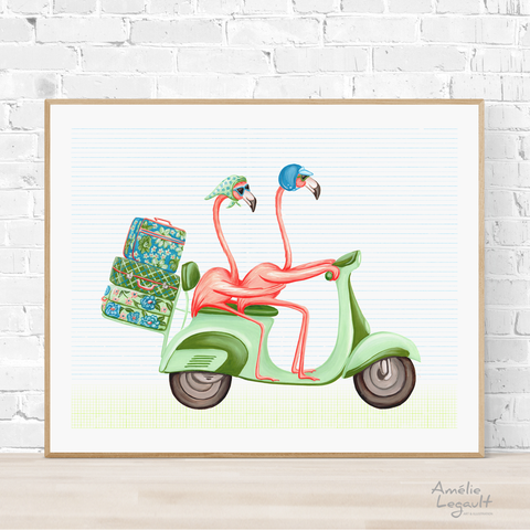 Pink flamingos on a scooter, vespa, art Print, gouache Painting, Home decor, flamingo art, flamingo love, flamingo decor, flamingo illustration, amelie legault