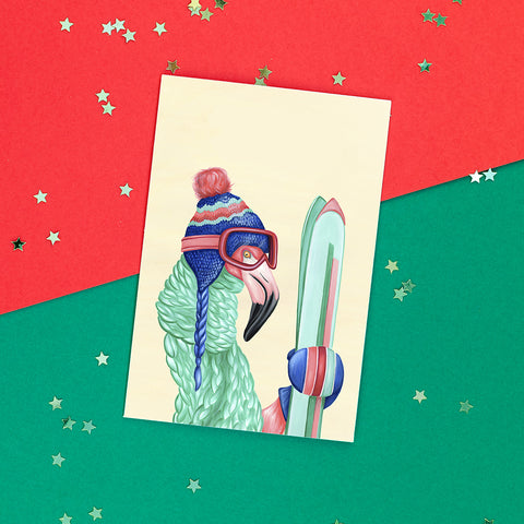 carte de noël de flamant rose skieur par Amélie Legault, carte de voeux de flamant, holiday card, pink flamingo skier christmas card by Amelie Legault, canadian artist