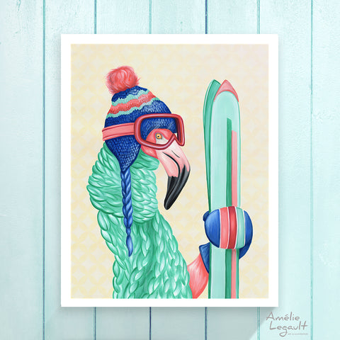 illustration de flamant, flamant rose, skieur, flamant skieur, affiche de flamant, décoration de flamants, amelie legault, affiche pour skieur, 