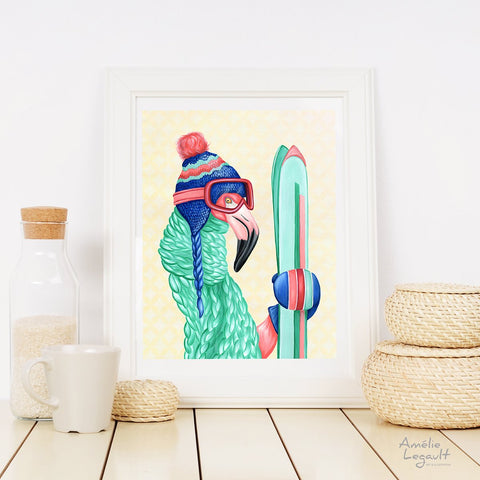 flamingo art, flamingo love, flamingo illustration, amelie legault, ski art, ski illustration, art print, flamingo skiing