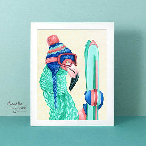 flamingo art, flamingo love, flamingo illustration, amelie legault, ski art, ski illustration, art print, flamingo skiing