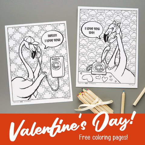 valentine's day, free coloring page, printable, amélie legault, pink flamingo, valentine's day coloring, colouring pages, i love you, hello i love you