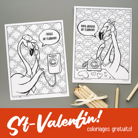 coloriages gratuits, téléchargeable, flamant rose, amélie legault, st-valentin, coloriage de st-valentin, flamant au téléphone, téléphone rétro