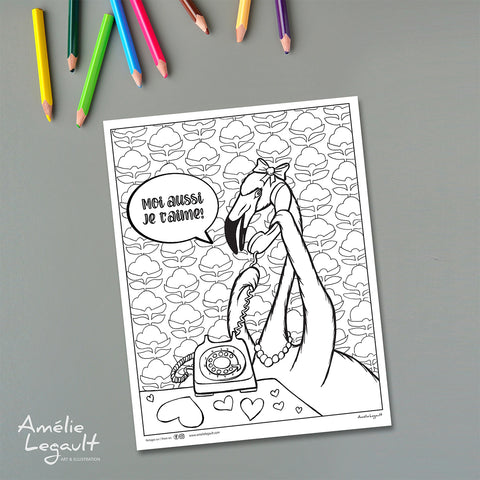 valentine's day, free coloring page, printable, amélie legault, pink flamingo, valentine's day coloring, colouring pages, i love you, hello i love you