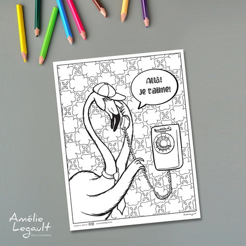 coloriages gratuits, téléchargeable, flamant rose, amélie legault, st-valentin, coloriage de st-valentin, flamant au téléphone, téléphone rétro, je t'aime