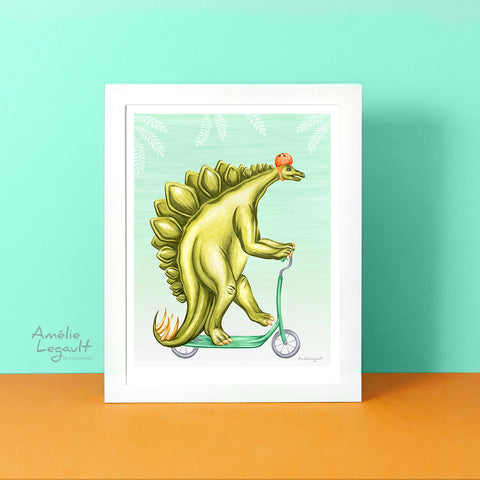 Stegosaurus on scooter, Print, drawing, stégosaure, amélie legault, affiche de dinosaure, dinosaur art print, dinosaur drawing,