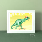 dinosaur art print, t-rex art work, skateboard, skateborading, Amelie Legault, tyrannosaurus print