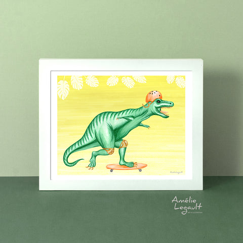 dinosaur art print, t-rex art work, skateboard, skateborading, Amelie Legault, tyrannosaurus print