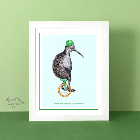 oiseau kiwi, illustration de kiwi, unicycle, affiche, dessin de kiwi, décoration de kiwi, amelie legault, nouvelle-zélande,