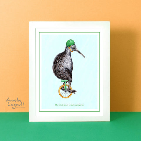 Unicycling, unicycle print, kiwi bird, art print, home decor, kiwi drawing, kiwi print, amelie legault new zealand