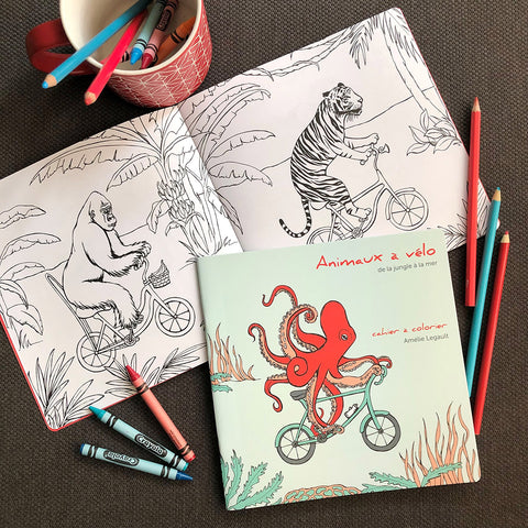 cahier à colorier, animaux à vélo, pieuvre, amélie Legault, animaux de la mer, animaux de la jungle, animaux de la savanne, coloriage pour enfants, coloriage pour adultes 