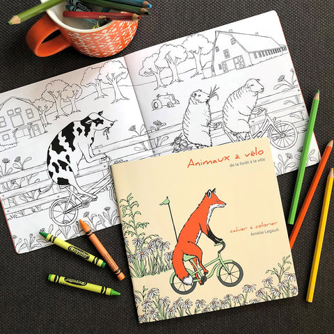 cahier à colorier, animaux à vélo, amélie legault, renard à vélo, animaux de la ferme, animaux de la forêt, animaux de la ville, coloriage pour enfants, coloriages pour adultes