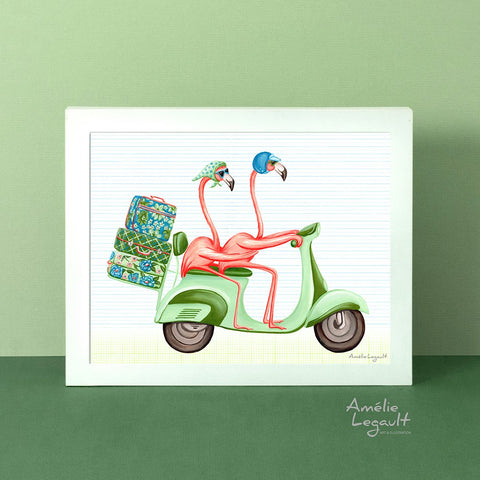 Pink flamingos on a scooter, vespa, art Print, gouache Painting, Home decor, flamingo art, flamingo love, flamingo decor, flamingo illustration, amelie legault