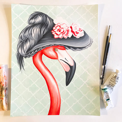 flamingo art, flamingo decor, flamingo painting, gouache, amelie legault, art work, art studio, sutio life, victorian style, victorian hat