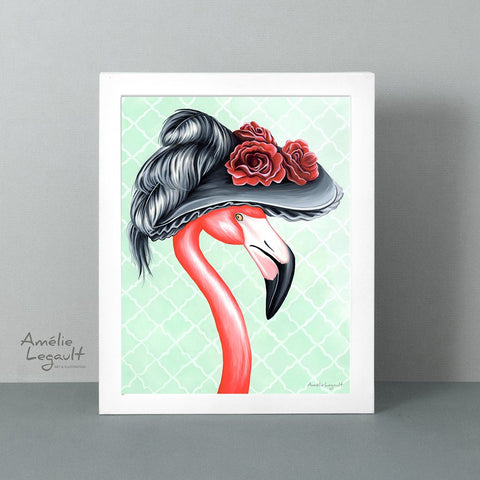 Victorian, pink flamingo, flamingo art, flamingo love, flamingo decor, flamingo illustration, amelie legault, victorian decor, victorian art