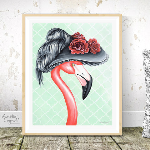 Victorian, pink flamingo, flamingo art, flamingo love, flamingo decor, flamingo illustration, amelie legault, victorian decor, victorian art