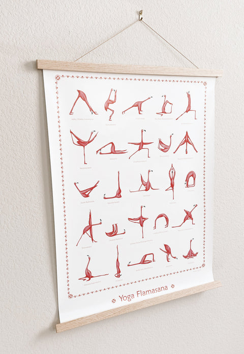 Flamingo yoga poster with 25 asanas