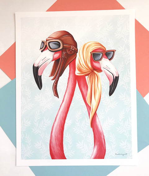 flamant rose, affiche, amelie legault, aviateur, 1950, années 50, peinture à la guouache, reproduction, décoration de flamants roses