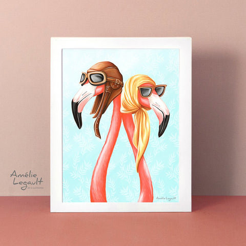 flamingo illustration, flamingo art, flamingo love, flamingo decor, amelie legault, art print, aviators, 1950s