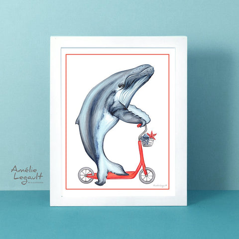 Whale on a scooter, art print, whale drawing, whale illustration, humpback whale, amélie legault, sea animal print, washroom decor, kid's room decor