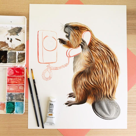 beaver painting, beaver artwork, beaver illustration, gouache painting, amelie legault, canadian animal, canadian artist, canadian art, winsorandnewton