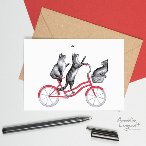 Carte de chat, cat card, cat birthday card, carte d'anniversaire, amélie legault, cat birthday card, cat riding a bike, chat à vélo