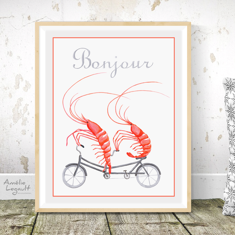 Shrimps on a tandem bicycle, art Print, shrimp Drawing, shrimp artwork, shrimp illustration, kitchen decor, kitchen art, amélie legault