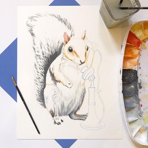 squirrel painting, squirrel illustration, gouache painting, amelie legault, montreal animal, canadian animal, canadian artist, canadian art, made in canada, antique phone