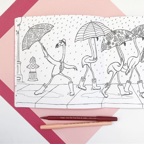 cahier à colorier, flamants roses, illustration de flamants roses, amélie legault, fait au québec, danser sous la pluie, singing in the rain