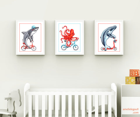 Ensemble d'affiches d'animaux à vélo, requin, baleine et pieuvre, amelie legault, set of sea animals on bicycle: shark, whale and octopus