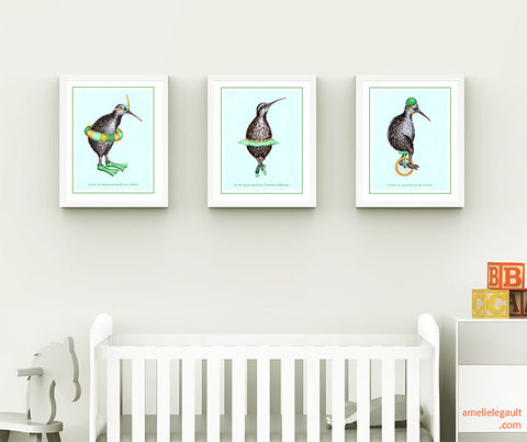 Kiwi bird prints set, kiwi illustration, new zealand, snorkel, ballet, unicycle, amelie legault, sport