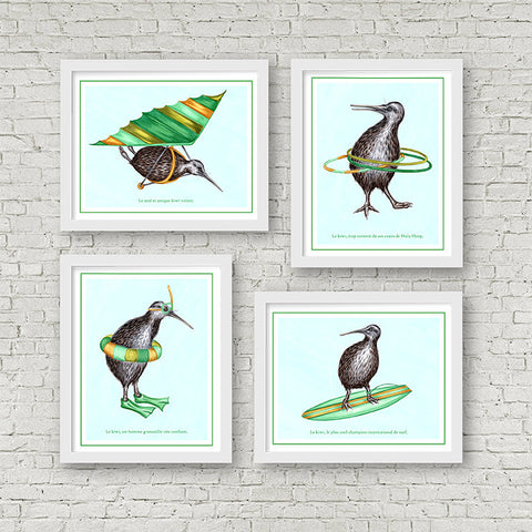 Ensemble d'affiches d'oiseaux kiwi, illustration de kiwi, amelie legault, nouvelle-zélande, illustration sportive, dessin de kiwi, décoration de kiwi