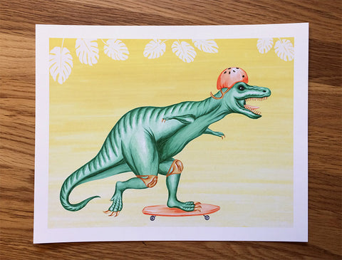 Affiche de t-rex en planche à roulettes