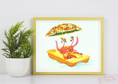 Pink Flamingo, pedal boat, art print, gouache painting, flamingo art, flamingo love, flamingo decor, amelie legault, flamingo illustration