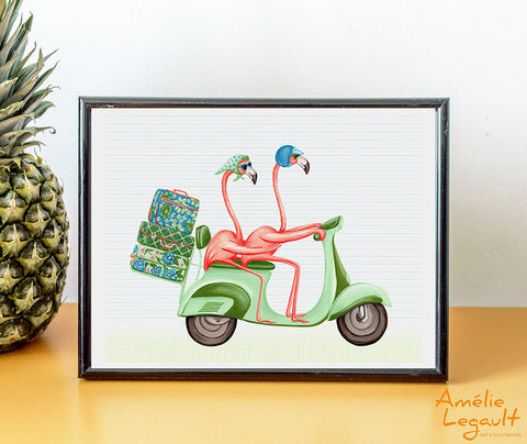 Flamants roses en scooter, vespa, Affiche, Peinture, décoration, amelie legault, illustration de flamants roses, illustration de scooter