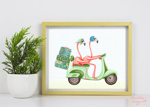 Pink flaming, scooter, vespa, road trip, vintage, print, flamingo art, flamingo love, flamingo decor, flamingo illustration, amelie legault,